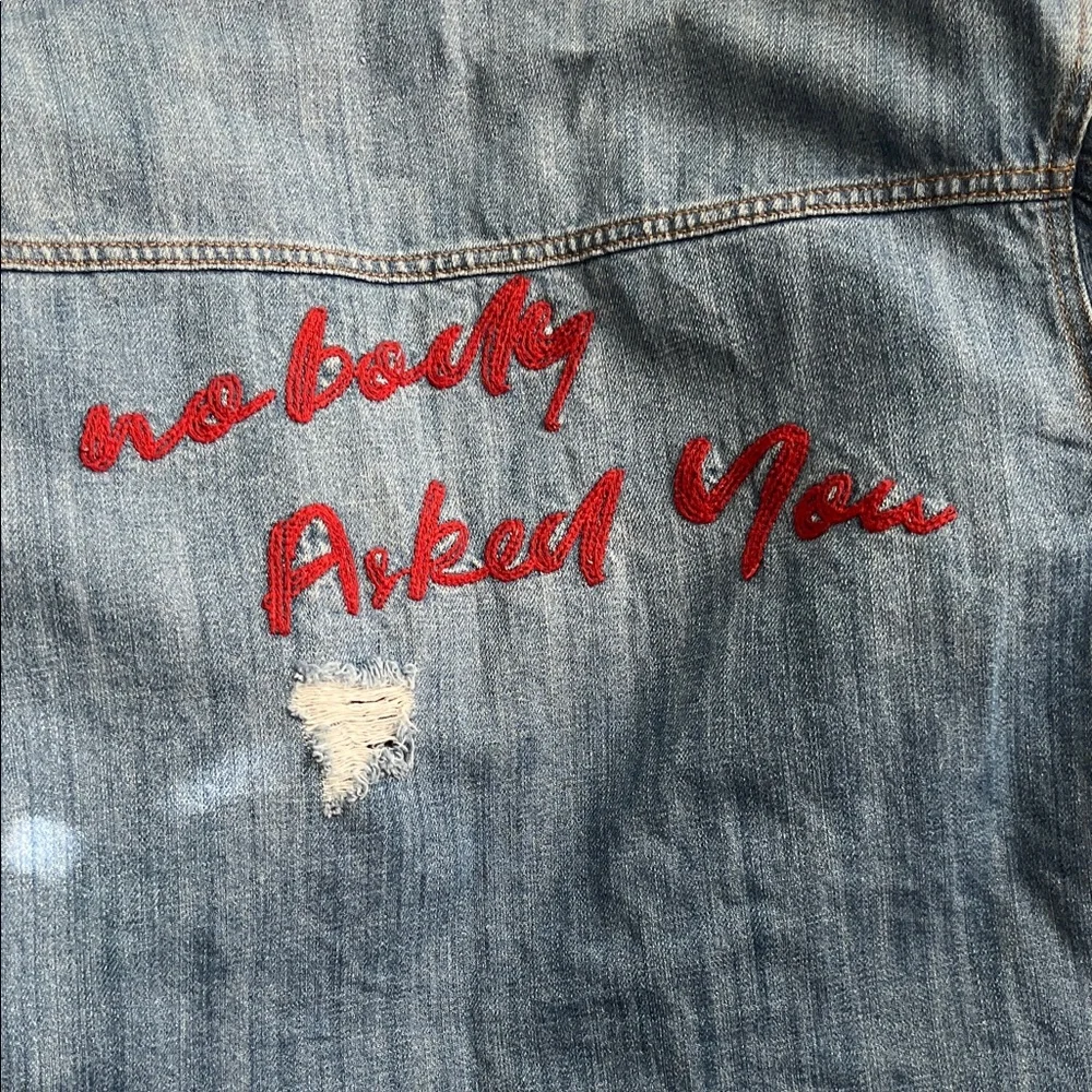 Distressed Blue Denim Jacket with Red Rose Embroidery- HIDDEN. - Picture 8 of 12